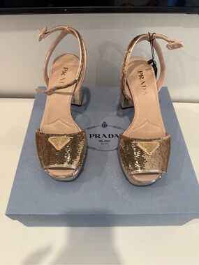 Prada Rose Gold Sequin Block Heel Sandals